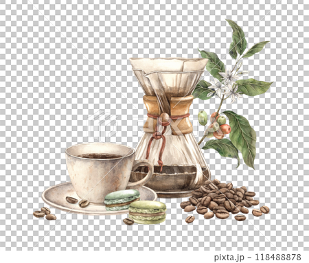 Ceramic cup with coffee filter, pistachio macaroons and roasted beans. Botanical branch of coffee with fruits and flowers. Watercolor composition for decorating shops, cafes, banners, postcards Ceramic cup with coffee filter, pistachio macaroons and roasted beans. Botanical branch of coffee with fruits and flowers. Watercolor composition for decorating shops, cafes, banners, postcards 118488878