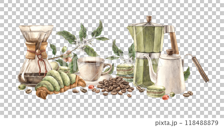 Cup of coffee with pistachio macaroon and croissant, coffee branches and beans. Geyser coffee maker, filter and teapot, watercolor composition template for shops and cafes, packaging and menu 118488879
