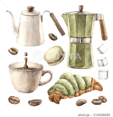 A mug of aromatic coffee, a geyser coffee maker, a teapot, a macaroon, a croissant, pieces of sugar and coffee beans. Watercolor set for decorating coffee shops, bistros, menus, posters, packaging 118488880