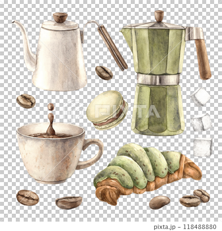 A mug of aromatic coffee, a geyser coffee maker, a teapot, a macaroon, a croissant, pieces of sugar and coffee beans. Watercolor set for decorating coffee shops, bistros, menus, posters, packaging 118488880