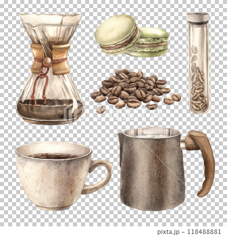 Coffee mug, coffee maker, milk jug with milk, heap of roasted beans, macaroons and flask with coffee. Set of watercolor isolates for design of coffee shops, bistros, menus, posters, packaging 118488881