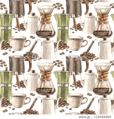 Cup of coffee with roasted brown coffee beans with white ceramic teapot. Geyser coffee maker, milk jug, Filter, watercolor seamless pattern on white background for shop and cafe design, packaging. 118488884