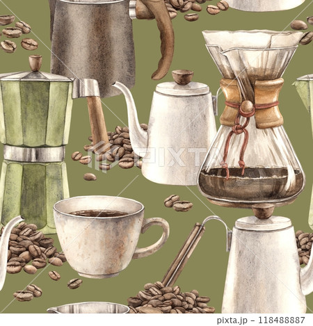 Cup of coffee with roasted brown coffee beans, white ceramic teapot, geyser coffee maker, milk jug, filter. Watercolor seamless handmade pattern for shop and cafe decoration, packaging design, banner 118488887