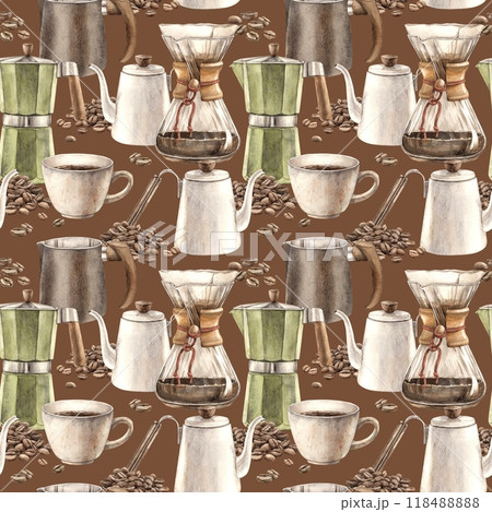 Cup of coffee with roasted brown coffee beans, white ceramic teapot, geyser coffee maker, milk jug, filter. Watercolor seamless handmade pattern for shop and cafe decoration, packaging design, banner 118488888