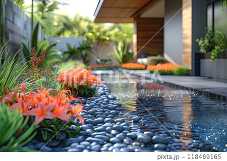 Garden with a black stone path and coral flowers 118489165