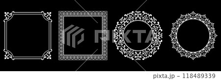 Set of decorative frames Elegant vector element for design in Eastern style, place for text. Floral black and white borders. Lace illustration for invitations and greeting cards. 118489339