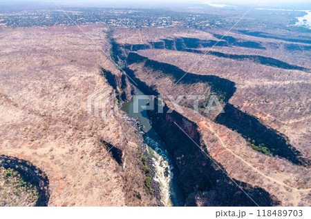 Aerial shot of the down stream gorges of the Zambezi river 118489703