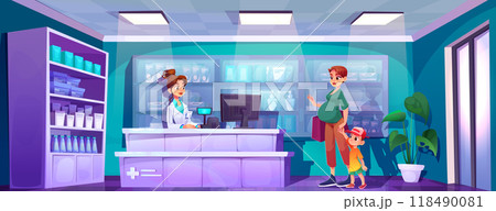 Pharmacy store interior with buyer and pharmacist 118490081