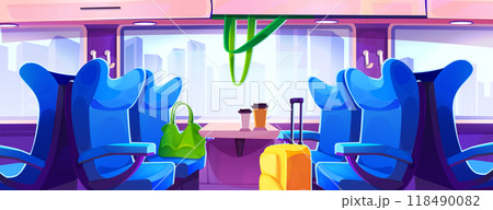 Train compartment interior with passenger seats 118490082