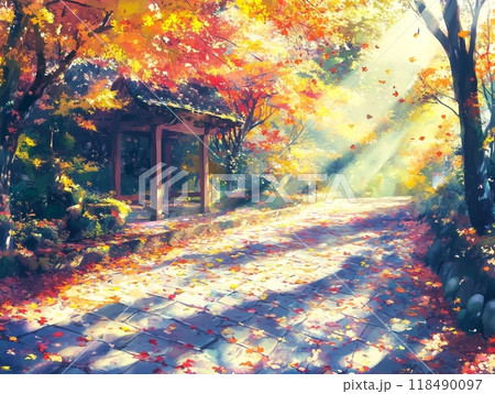 心地よい朝の陽ざしと秋の紅葉に染まる山道3のイラスト素材 [118490097