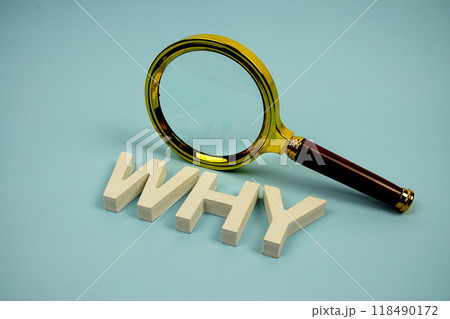 Why? word with magnifying glass on blue background 118490172