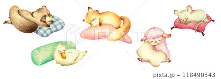 枕で眠る動物たちのセット2 手描き色鉛筆画 枕で眠る動物たちのセット2 手描き色鉛筆画 118490343