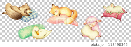 枕で眠る動物たちのセット2 手描き色鉛筆画 枕で眠る動物たちのセット2 手描き色鉛筆画 118490343