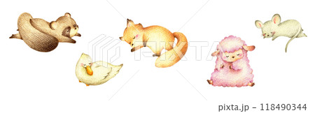 眠る動物たちのセット2　手描き色鉛筆画 118490344