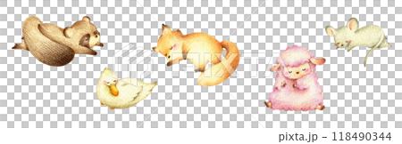 眠る動物たちのセット2　手描き色鉛筆画 118490344