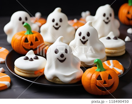 ハロウィンスイーツ マシュマロのオバケのイラスト素材 [118490450