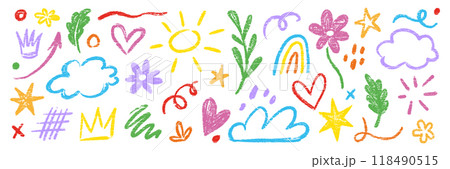 Arrow line hand drawn brush vector set. Grunge square, spiral, arrow element scribble line brush hand drawn sketch design. Grunge abstract chalk, crayon pencil style. Vector 118490515