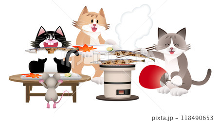 七輪でさんまを焼くネコ 118490653