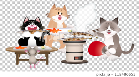 七輪でさんまを焼くネコ 118490653