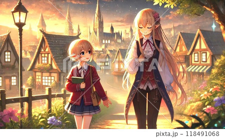 ファンタジーの街並みを歩くエルフの姉妹 ファンタジーの街並みを歩くエルフの姉妹 118491068