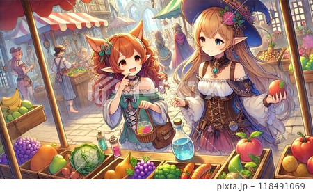 市場で果物を楽しむエルフの少女たち 118491069
