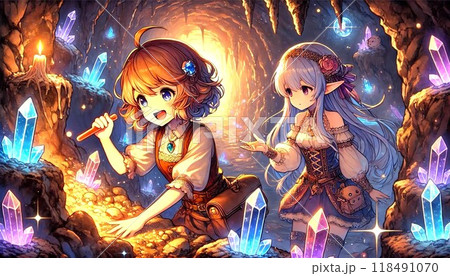 洞窟で輝くクリスタルを採掘するエルフの少女たち 118491070