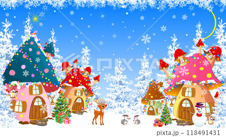 Mushroom houses on Christmas night 118491431