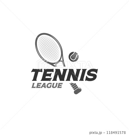 flat tennis racket and ball logo template elements. Vintage tennis equipment vector illustration design flat tennis racket and ball logo template elements. Vintage tennis equipment vector illustration design 118491578