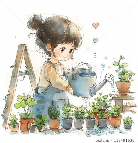 かわいい女の子がじょうろで花に水をやっている 118491639