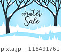 Winter Sale design witn frozen landscape, trees covered with snow, vector 118491761
