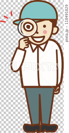 戴著帽子、拿著放大鏡、微笑的男工人。 戴著帽子、拿著放大鏡、微笑的男工人。 118491829