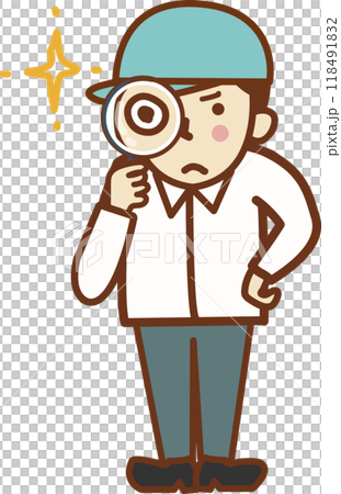 A male worker wearing a hat holding a magnifying glass. A male worker wearing a hat holding a magnifying glass. 118491832