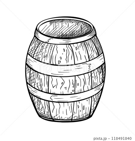 Wooden beer barrel hand drawn vector illustration isolated. cask black white ink silhouette painted. Barrel monochrome line art. Design element for advertising beer festival, banner, menu, packaging. 118491840