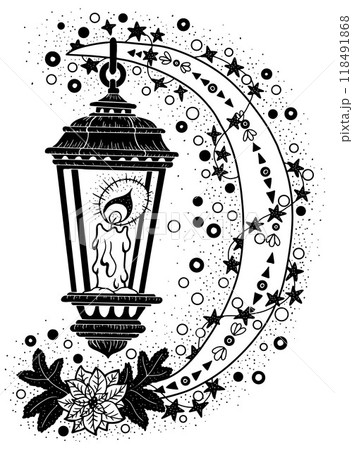 Hand drawn vector illustration with vintage old lantern and decorated moon on white. Esoteric, gothic and mystic object or element. Halloween and New Year concept. Hand drawn vector illustration with vintage old lantern and decorated moon on white. Esoteric, gothic and mystic object or element. Halloween and New Year concept. 118491868