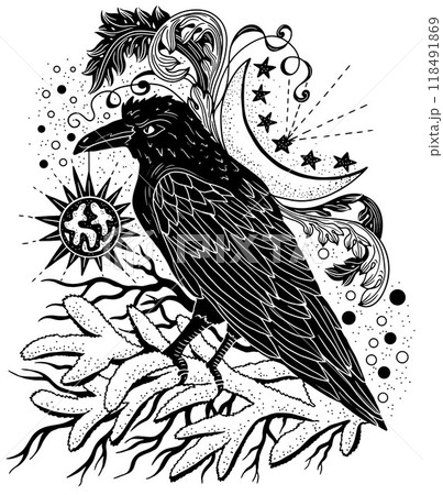 Hand drawn vector illustration with epic crow, moon and conifer branches on white. Esoteric, gothic and mystic object or element. Halloween and New Year concept. Hand drawn vector illustration with epic crow, moon and conifer branches on white. Esoteric, gothic and mystic object or element. Halloween and New Year concept. 118491869