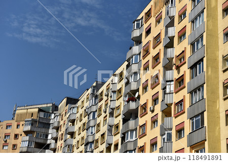 Worn out apartment building from the communist era. Traditional communist housing ensemble 118491891