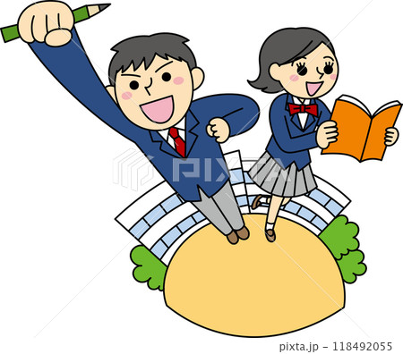 右手をあげる男子学生と本を読む女子学生 右手をあげる男子学生と本を読む女子学生 118492055