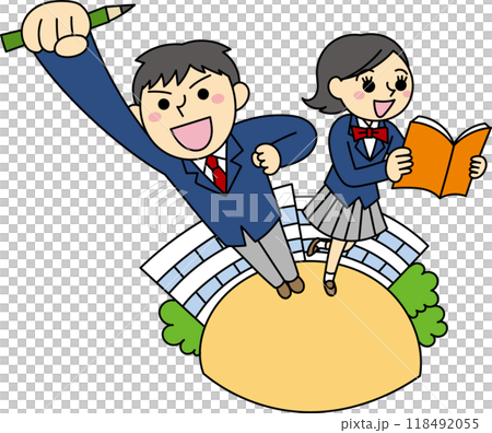 右手をあげる男子学生と本を読む女子学生 右手をあげる男子学生と本を読む女子学生 118492055