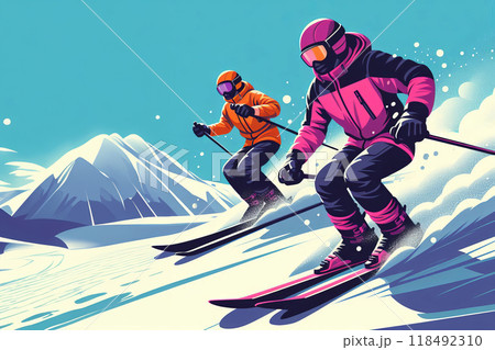Two skiers on snowy slope, one in pink jacket, purple helmet, other in orange jacket, black helmet, snow spray motion, clear blue sky, flat or hyper-realistic style, winter sports illustration 118492310