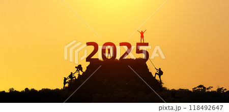 2025 year concept. Silhouettes of active people in nature against the backdrop of sunset and the numbers 2025 118492647