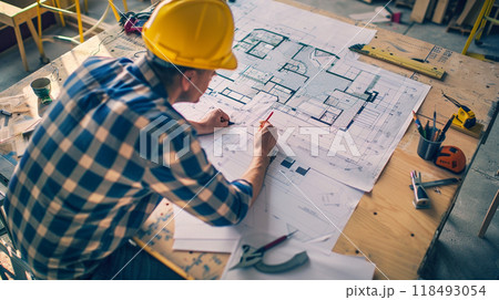Architect at work at his desk in studio 118493054