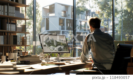 Architect at work at his desk in studio 118493057