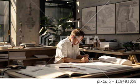 Architect at work at his desk in studio 118493059