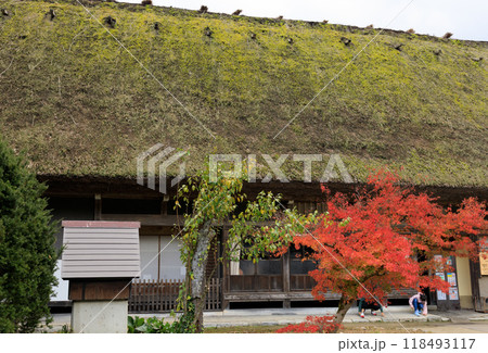 紅葉に包まれた白川郷の茅葺屋根の風景 紅葉に包まれた白川郷の茅葺屋根の風景 118493117
