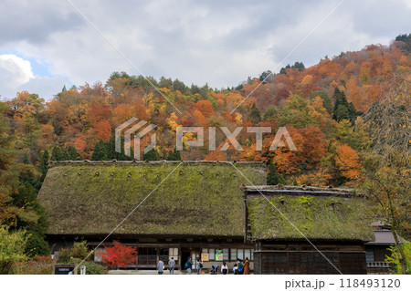 紅葉に包まれた白川郷の茅葺屋根の風景 118493120