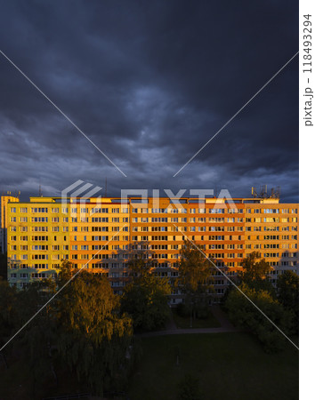 Old block of flats - apartment building made from concrete panels in communist era in eastern Europe, Prague, Czech Republic 118493294