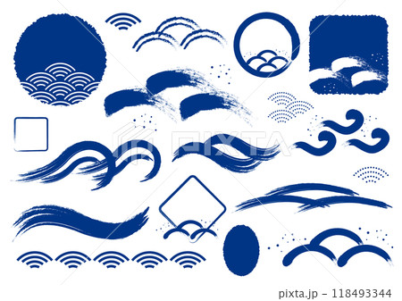 和風 筆 波 シンプル 素材 セット 青 和風 筆 波 シンプル 素材 セット 青 118493344