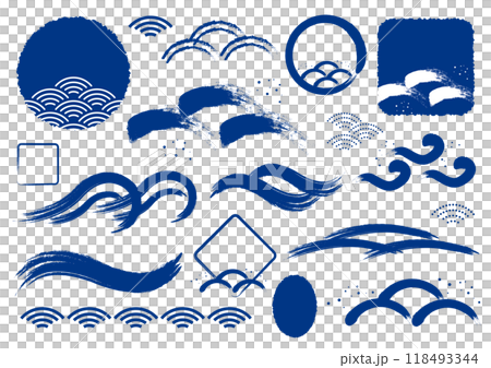 和風 筆 波 シンプル 素材 セット 青 和風 筆 波 シンプル 素材 セット 青 118493344