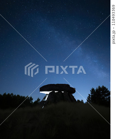 Milky Way over Megalithic Dolmen Anta de Fonte Coberta near Alijo, Vila Cha, Portugal Milky Way over Megalithic Dolmen Anta de Fonte Coberta near Alijo, Vila Cha, Portugal 118493369