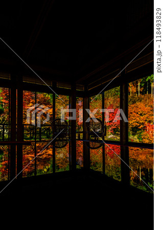 秋の季節に映える幻想的な紅葉リフレクション(漆塗りテーブル)　　環境芸術の森(佐賀県唐津市) 118493829